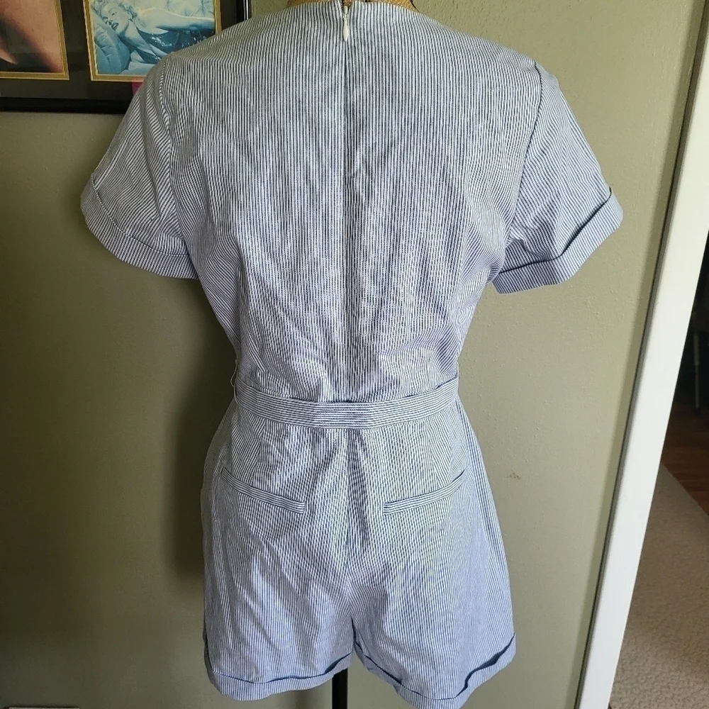 Striped Cotton-Linen Blend Romper | Banana Republic